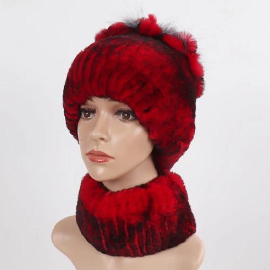 Knitted Women Warm Rex Rabbit Fur Hat Scarf Sets Winter Natural Rex Rabbit Fur Cap Scarves Russia Lady Fur Hats Muffler 2 Pieces