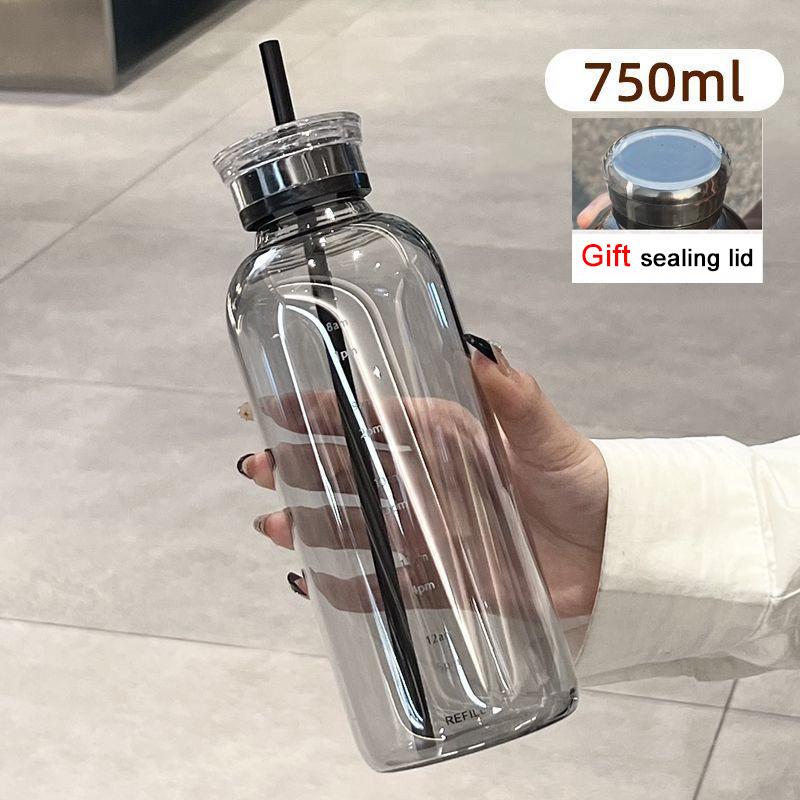 550-750ml Large Capacity Glass Water Bottle With Time Marker Transparent Juice Milk Glass Cup With Lid And Straw Drinking Bottle