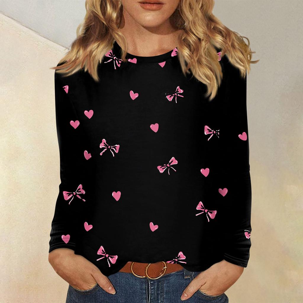 Women's Valentine's Day Fashionable Heart Print Round Neck Long Sleeve Pullover Top