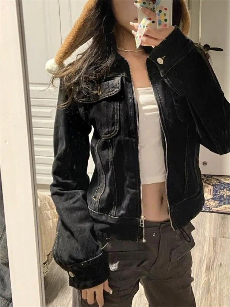 2024 Zipper Jeans Solide Streetwear Mäntel Frauen Mode Taschen Y2k Ästhetische Jacke Weibliche Drehen Unten Kragen Punk Vintage Denim Jacken 2024