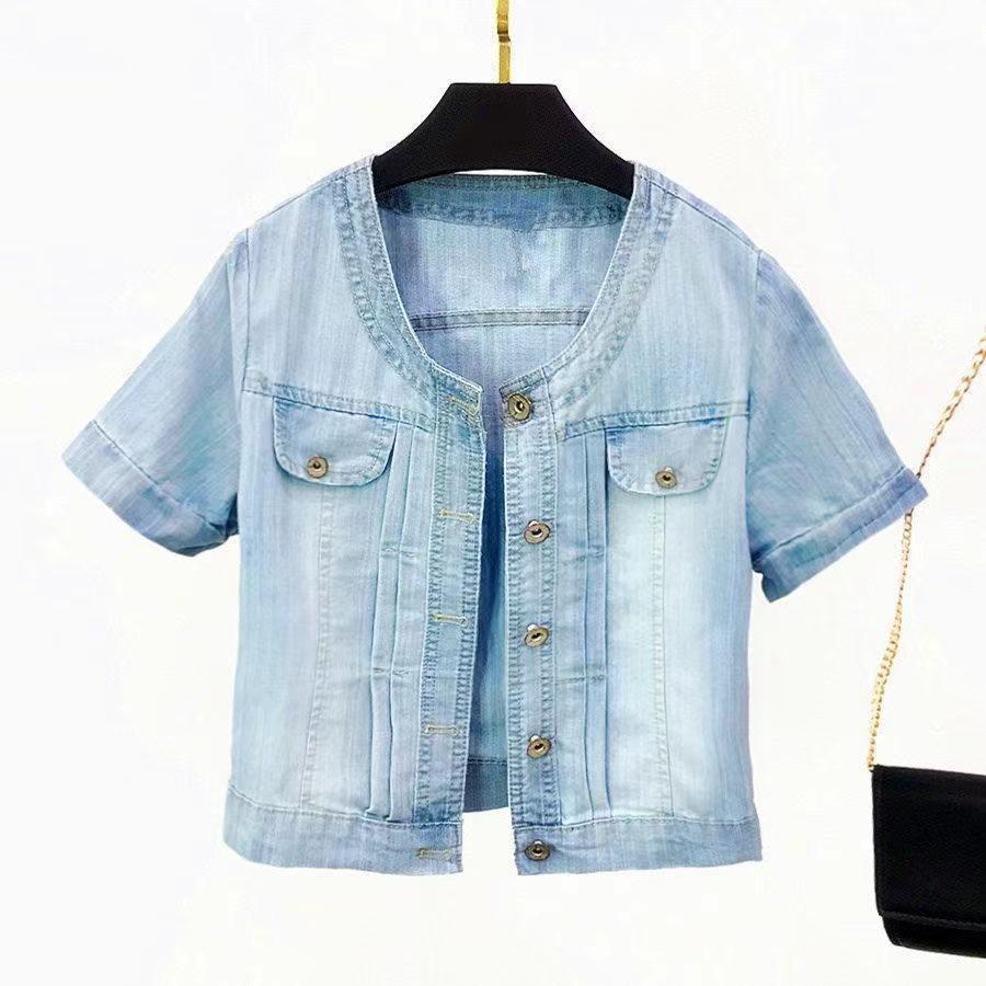Shorts di Jeans Blu Estivi da Donna Giacca da Donna Coreana Manica Corta Vestibilità Larga Slim Scollo a O Sottile Sciarpa Giacca di Jeans Top Sottili