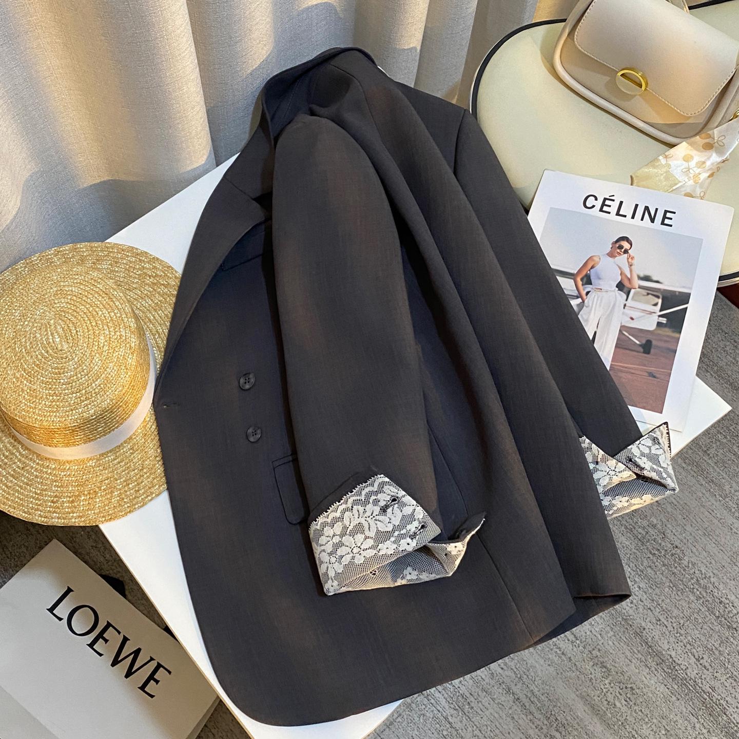 

Корейский ретро серый блейзер: Женский осенний стиль 2025 года с кружевной отделкой Large серый