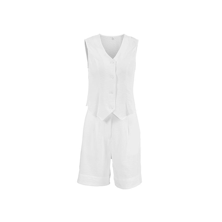 European and American minimalist fashion white V-neck vest and shorts two-piece set, women's summer bubble pleated set, stylish design for women