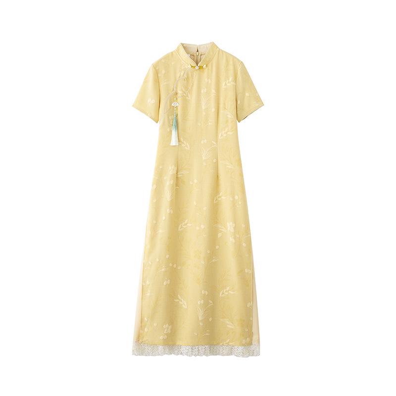 

Летнее элегантное женское платье в стиле ретро с жаккардовым узором, воротником-стойкой, приталенного кроя, в китайском национальном стиле XL (115-125 jin) жёлтый