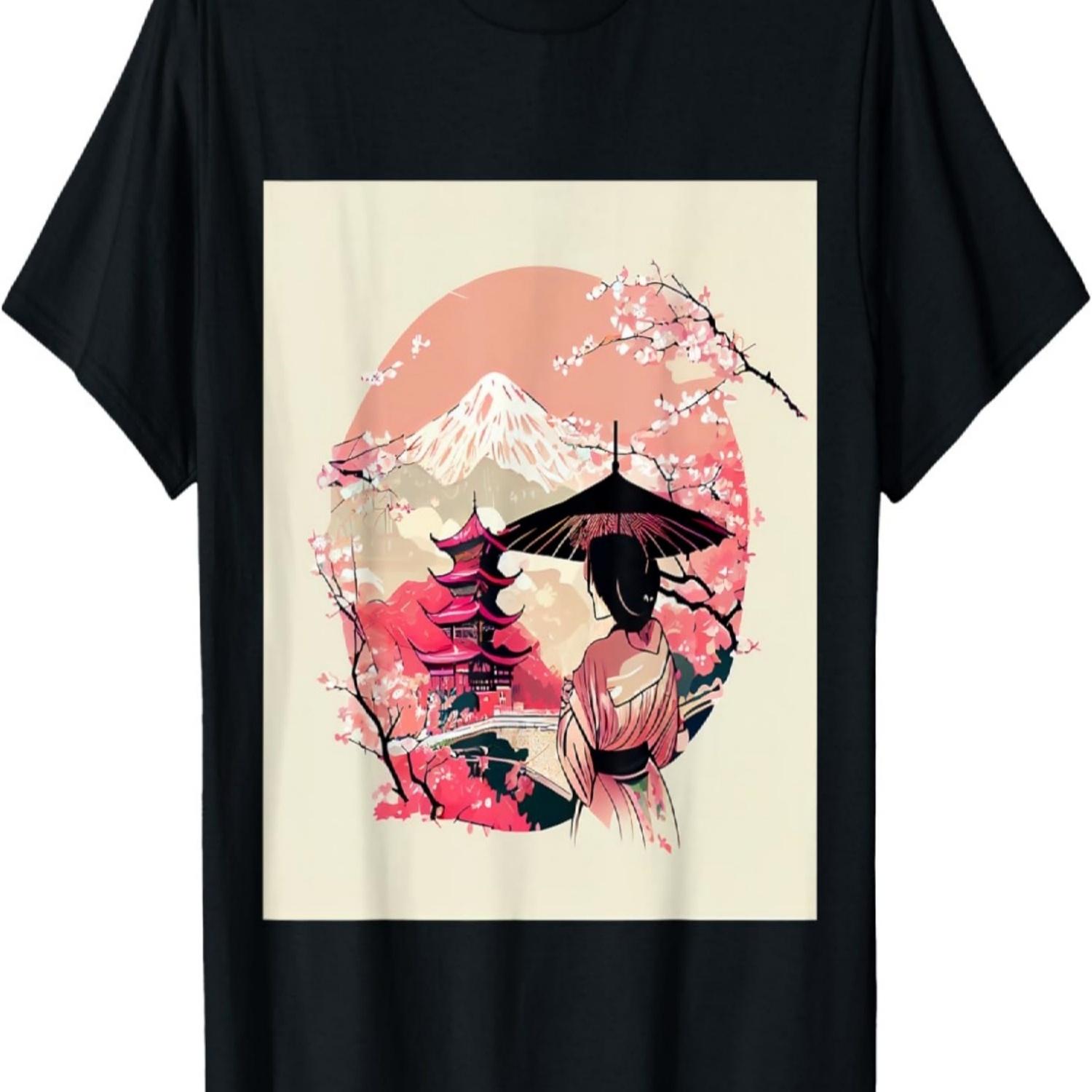 Pink  Classic Lady with umbrella Cherry Blossom T-Shirt S чёрный