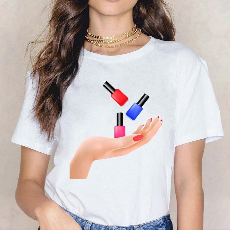 Kpop Fashion Cosmetics 3D Nail Polish Print Tees Women Y2K Tops Summer White Loose Short Sleeve O-Neck Female T-Shirts Blouses