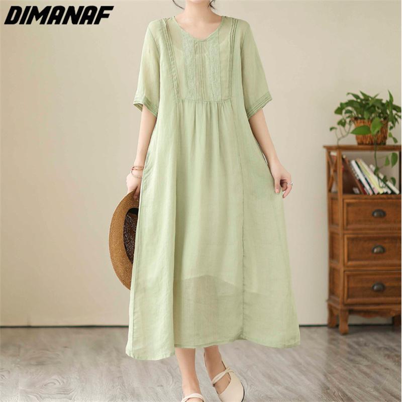 

DIMANAF 2023 Плюс Сайз Платье Лето Женщины Белье Принт Свободный Пляж Повседневный ВинтажНые Женские Платья O-Образный Вырез