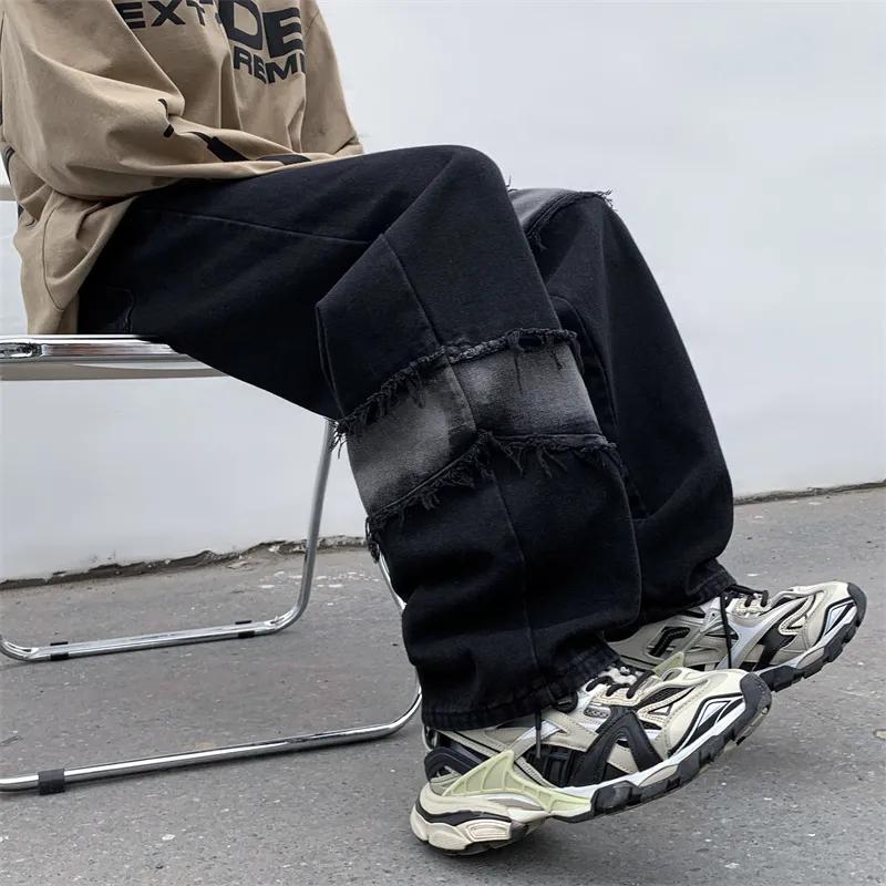 Młodzieńcza Witalność Modne Szyte Jeansy Odzież Męska Frędzle Szerokie Nogawki Spodnie Jeansowe Zniszczony Streetwear Proste Spodnie