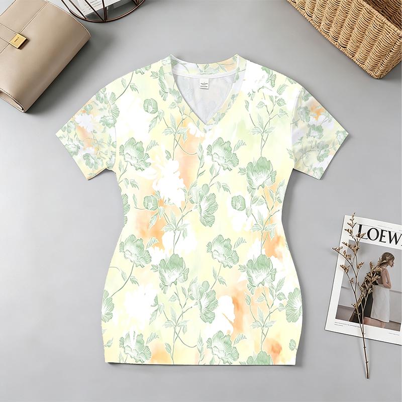 Floral Collection V-Neck Short Sleeve Bodycon Mini Dress Soft,Slim Fit,Versatile for Daily Commute,Beach,Casual Home Wear
