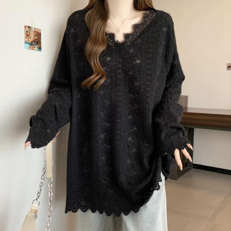

Plus Size Retro V-Neck Lace Crochet Top - Slimming Mid-Length Fit L (Recommended for 100-120 Jin) чорний