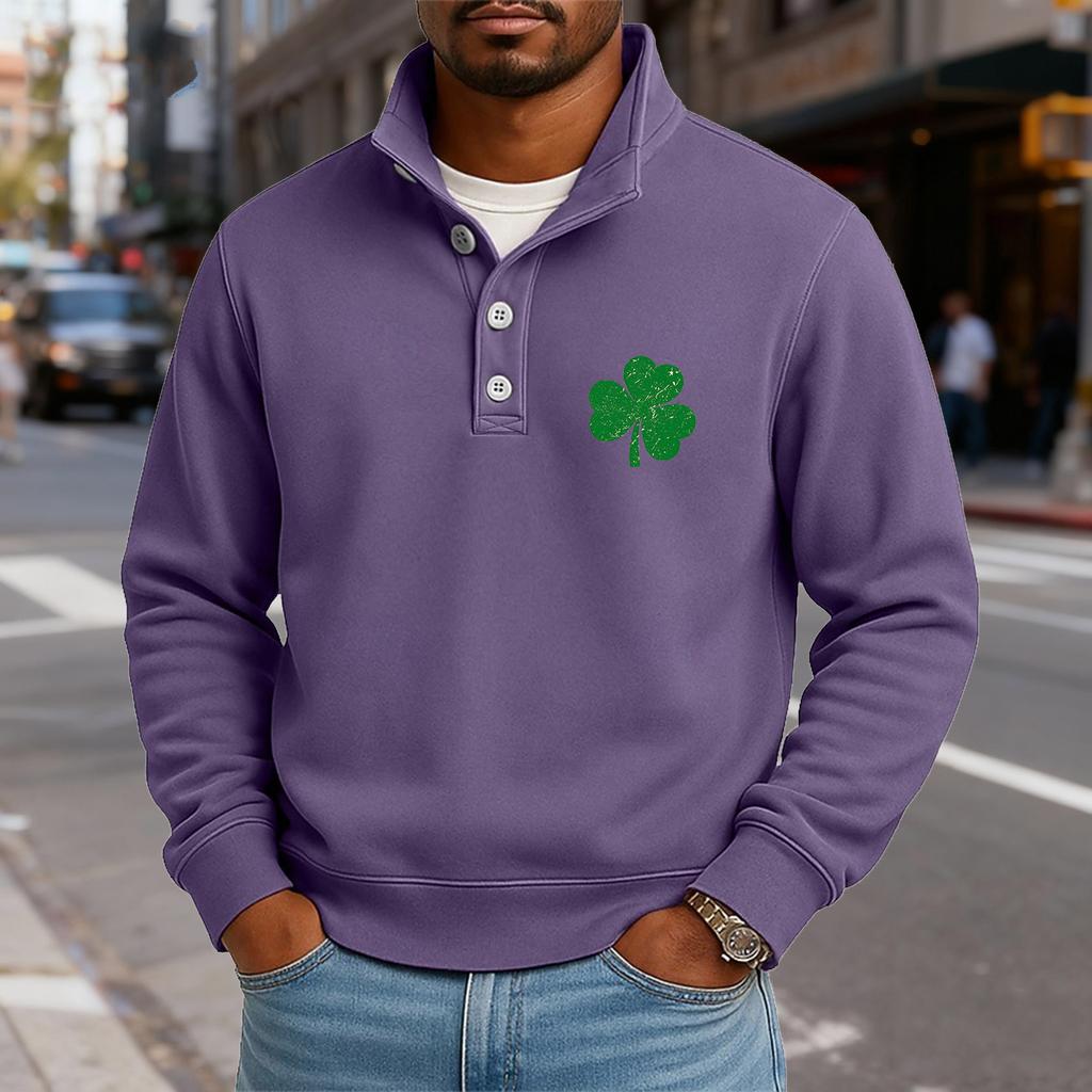 Men's Casual Stand-Up Collar Long-Sleeve Top Print Button-Down Sweatshirt