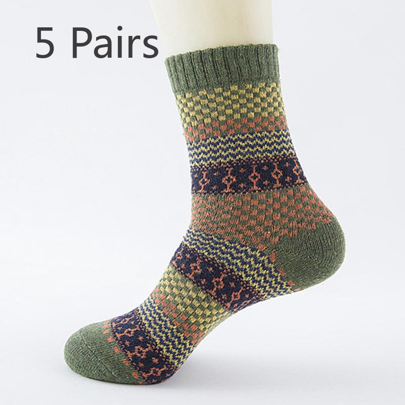 5 Pairs of Men's Autumn and Winter Rabbit Wool Socks, Mid-calf Men's Socks, Small Checkered, Retro Ethnic Style