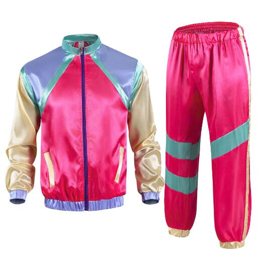 Damen Herren Kostüm 80er 90er Anzug Party Zubehör Disco Jacke Hose Outfit Damen Herren Kostüm Trainingsanzug für Karneval