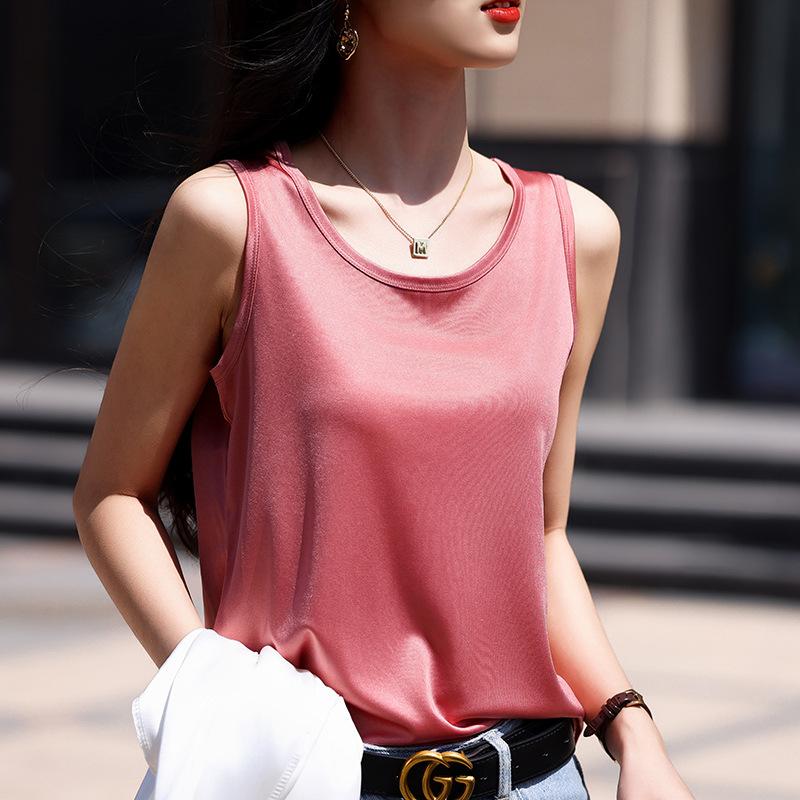Chaleco de Tirantes con Cuello en U para Mujer Traje Interior Verano Último Diseño Negro Satén de Ácido Acético Sin Mangas Blusa Base Top
