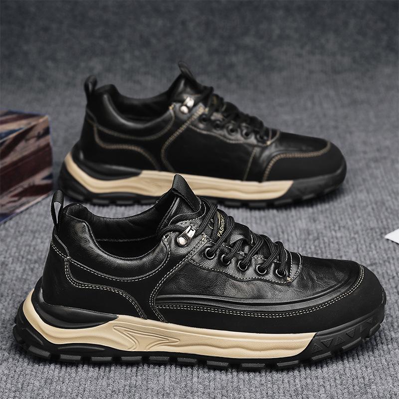 Men's Shoes 2024 New Winter Trend Black Work Shoes Waterproof and Lightweight Sports Shoes Thick-soled Low-top Casual Leather Shoes
