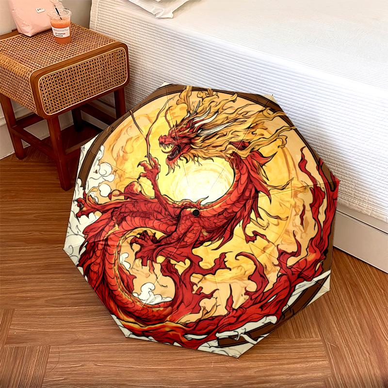 Golden Dragon  Pattern, Automatic Folding Umbrella, Portable and Foldable Design, 8 Ribs, a Christmas or Birthday Gift.