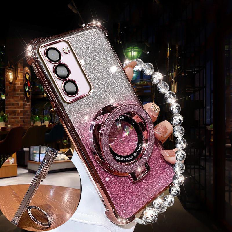 Luxury Lanyard Glitter Magnetic Holder Case For Samsung Galaxy S25 S24FE S23 Ultra S22 S21 S20 Plus Note 20 Ultra Silicone Cover