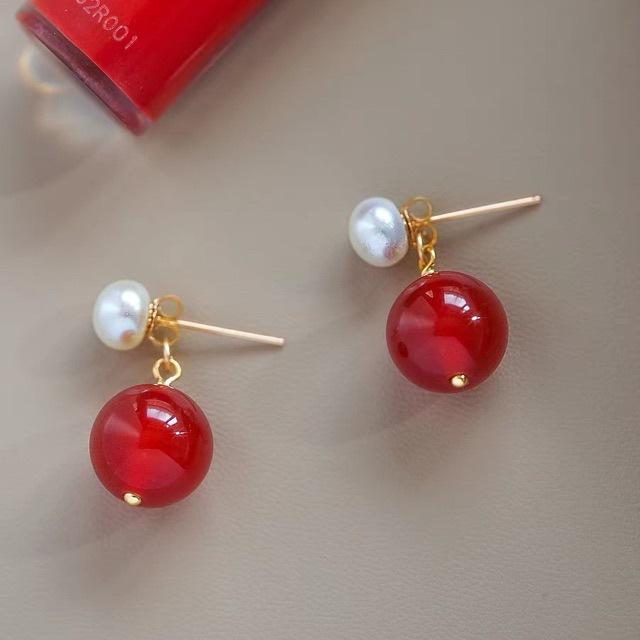 

Vintage red agate natural freshwater pearl 14K bag gold earrings without earrings ear clips French temperament ins style red agate 12mm pearl 5-6mm