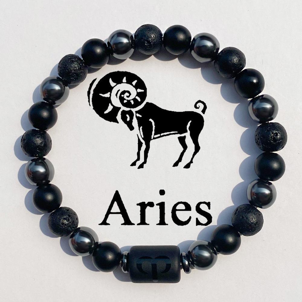 

12 Zodiac Signs Elastic Bracelet Men Natural Obsidian Bead Bangle Fashion Jewelry Aries-8mm чёрный