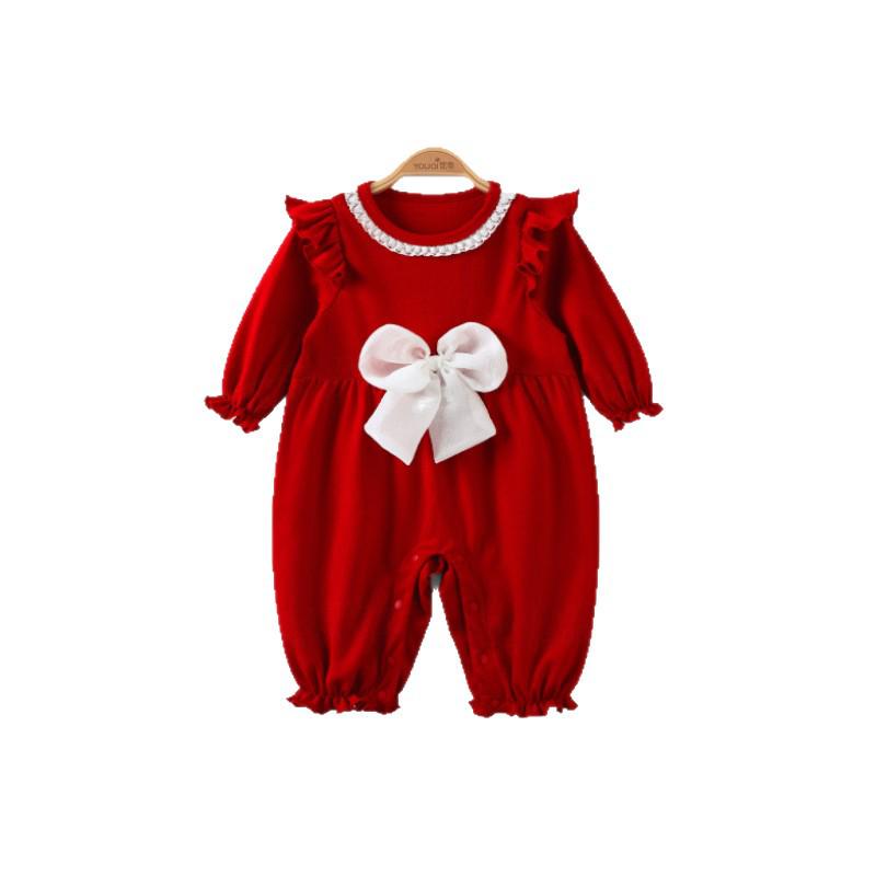 Youqi 2026 Autumn Baby Red Long-Sleeve Romper for Hundred Days Birthday Celebration