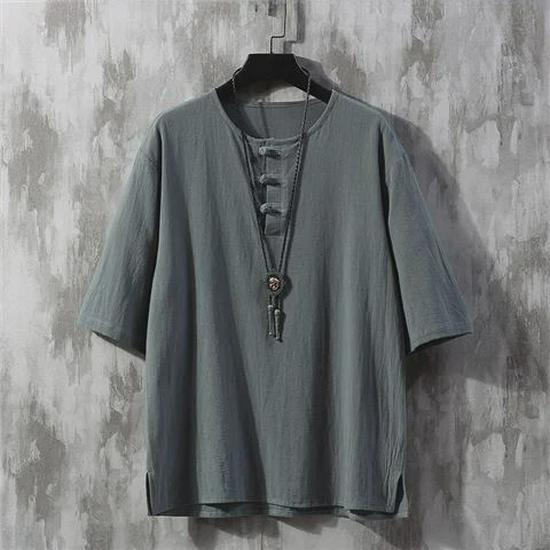 Men's Chinese Style Linen T-Shirt: Short-Sleeve, Loose Fit, Summer Cotton Blend, Buttoned, Trendy Tang Suit