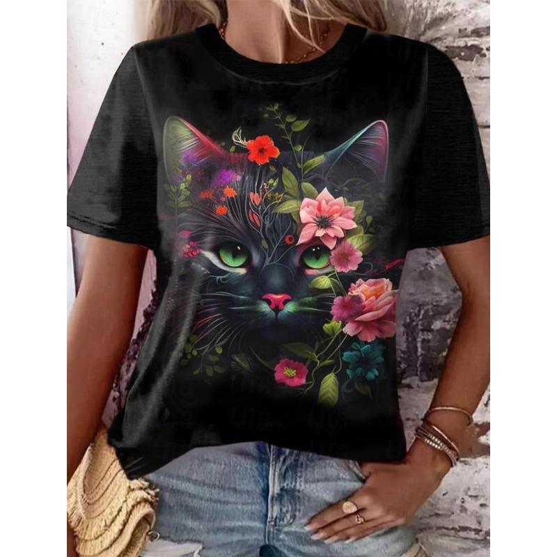 Summer Round Neck 3D Cute Cat and Dog Print Top Fashionable Casual Short Sleeved Women's T-shirts