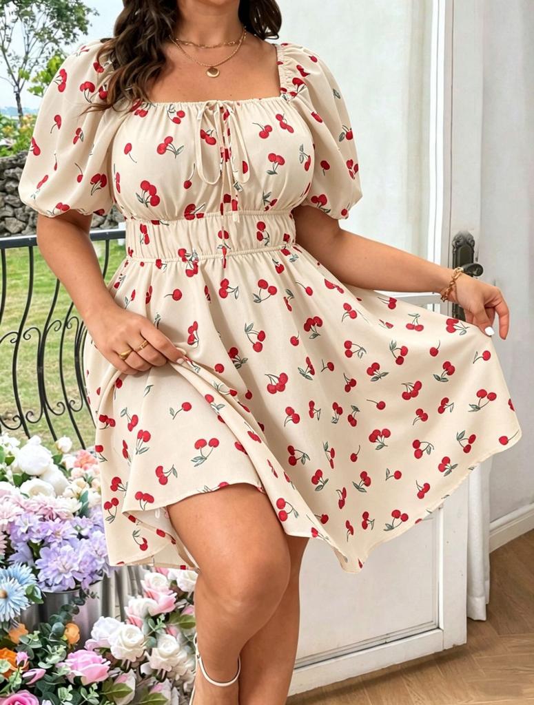 Print Dress Short Sleeve Cherry Print Large Size Dress