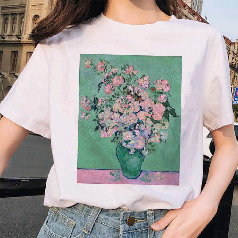 Summer Womens New Harajuku Flower Print Fashion Personality Art Casual Loose Fun Womens T Shirt Tops-in T