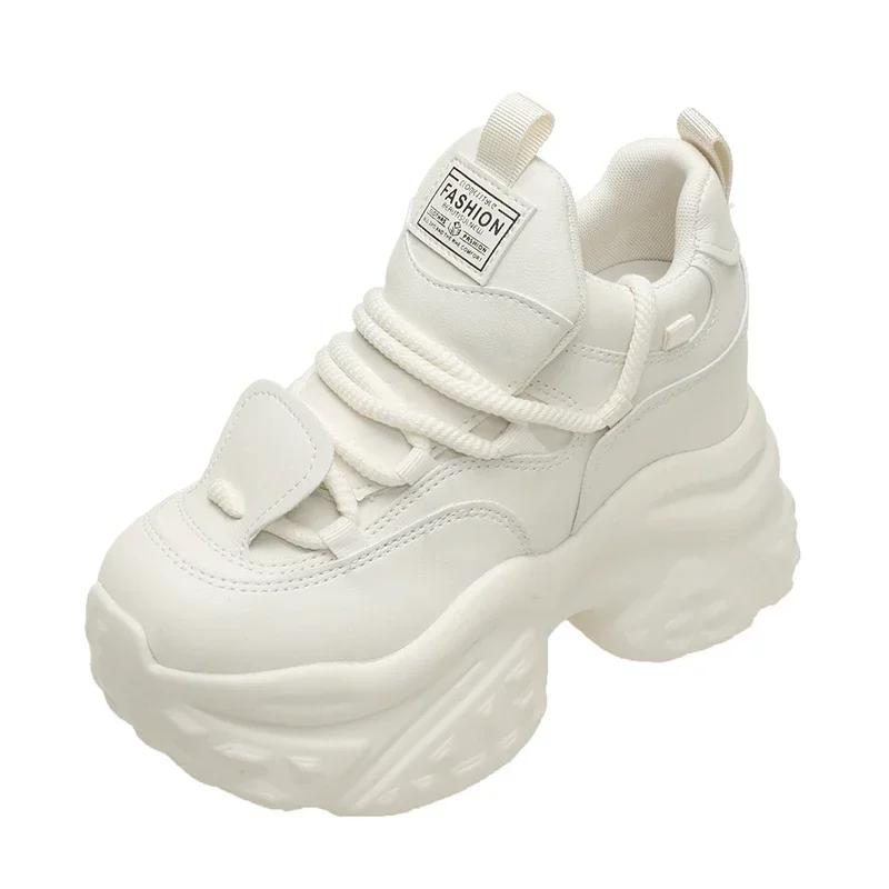 

Мода 10 см Каблуки Женские Кроссовки на Высокой Платформе 2025 Новые Весенние Массивные Кроссовки Папы Повседневная Спортивная Обувь Толстая Подошва Кроссовки Кожаные Кроссовки Женские 34 бежевый