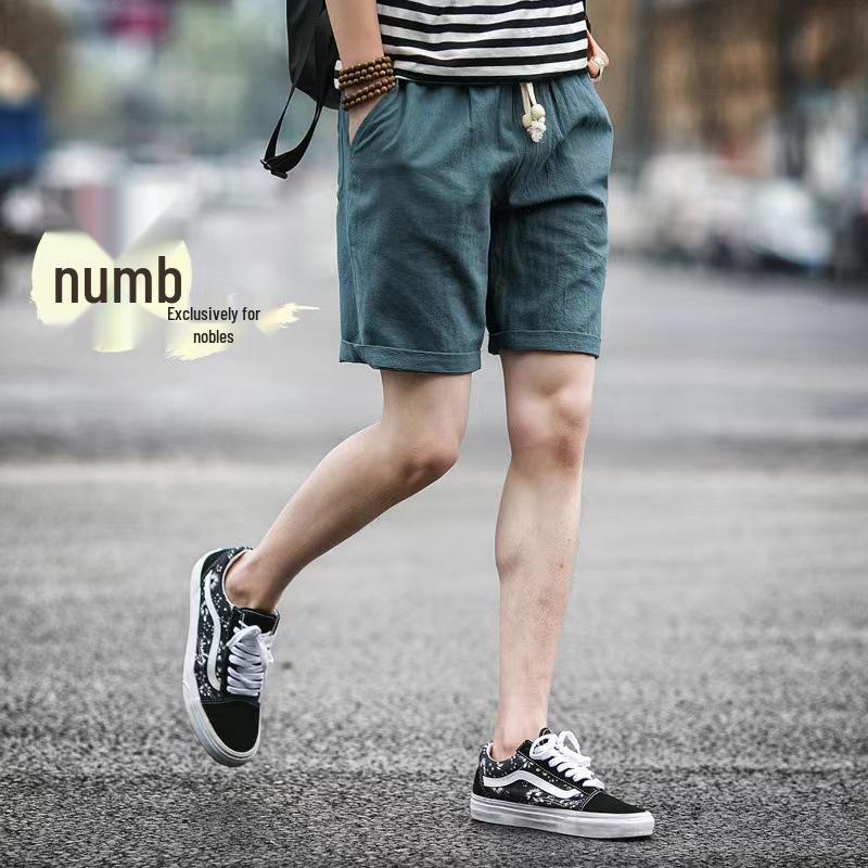 Men's Korean Style Cotton Linen Beach Shorts - Casual Plus Size, Solid Color, Five-Point Design.