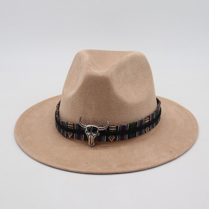 Wind Western Cowboy Hat Horn Woolen Jazz Top Hat Men And Women'S Ethnic Style Felt Hat Big Eaves Hat