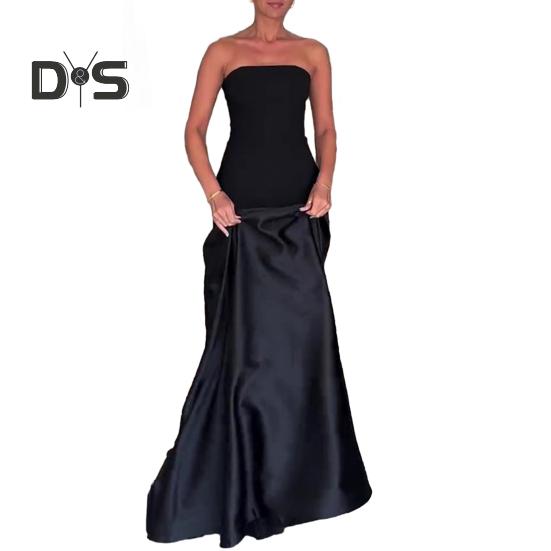 Women's Strapless Tube Top Maxi Dress Off Shoulder Patchwork Evening Dress Satin Bodycon Long Dress for Cocktail Party Wedding