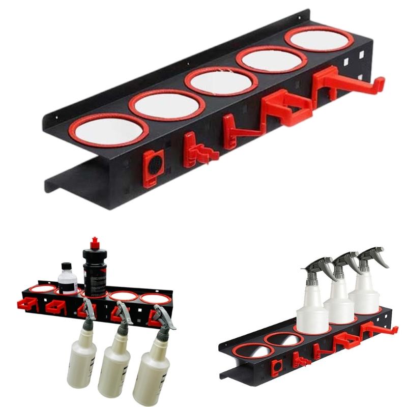 Wall Mount Sprays Bottle Organizers with 5 Hook Vehicle Care Tool Rack Sprays Can & Bottle Bracket for Garage Cleaning Tool
