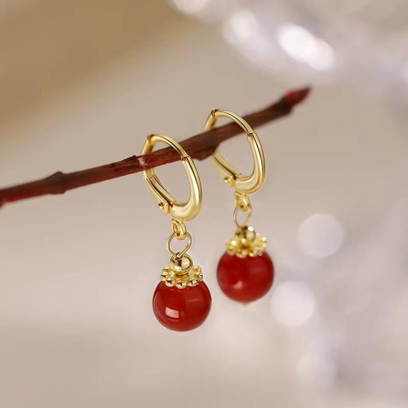 925 Sterling Silver Red Agate Stud Earrings - Luxury Chinese New Year 2025 Year of the Snake Jewelry for Women