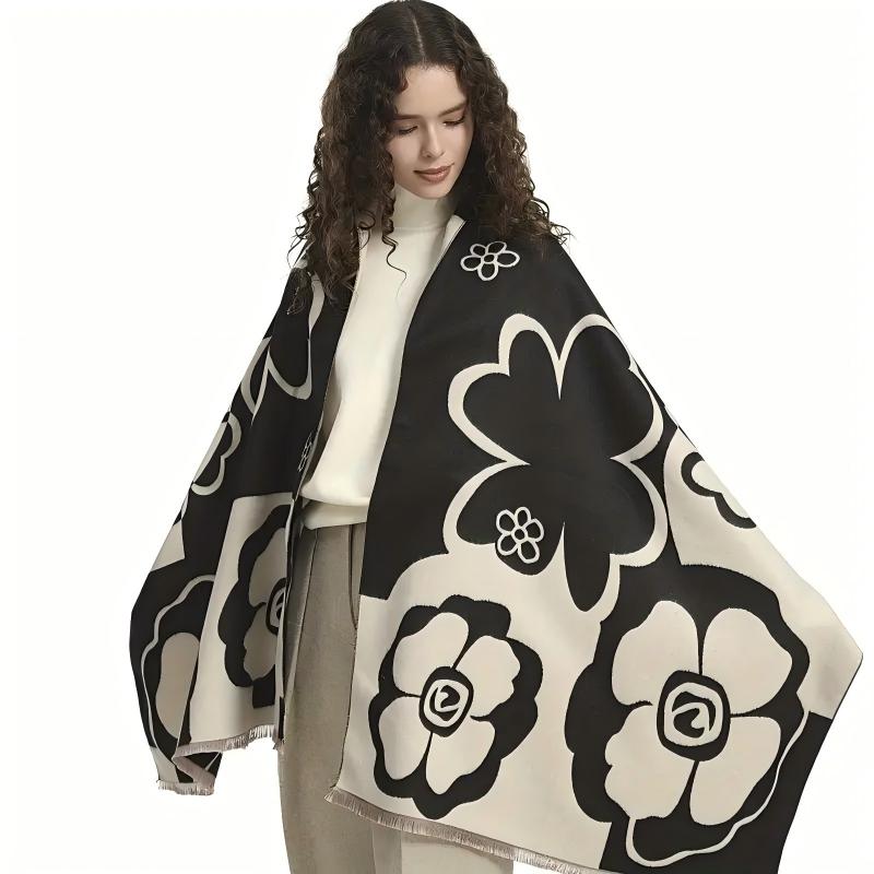 Warm Winter Scarf for Women Luxury Floral Pashmina Shawls Thick Cashmere Blanket Chunky Stoles Lady Elegant Poncho Bufanda