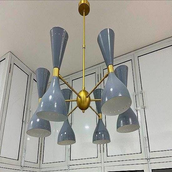 Mid-Century Modern Brass Chandelier: 6-Light Grey Cone Pendant