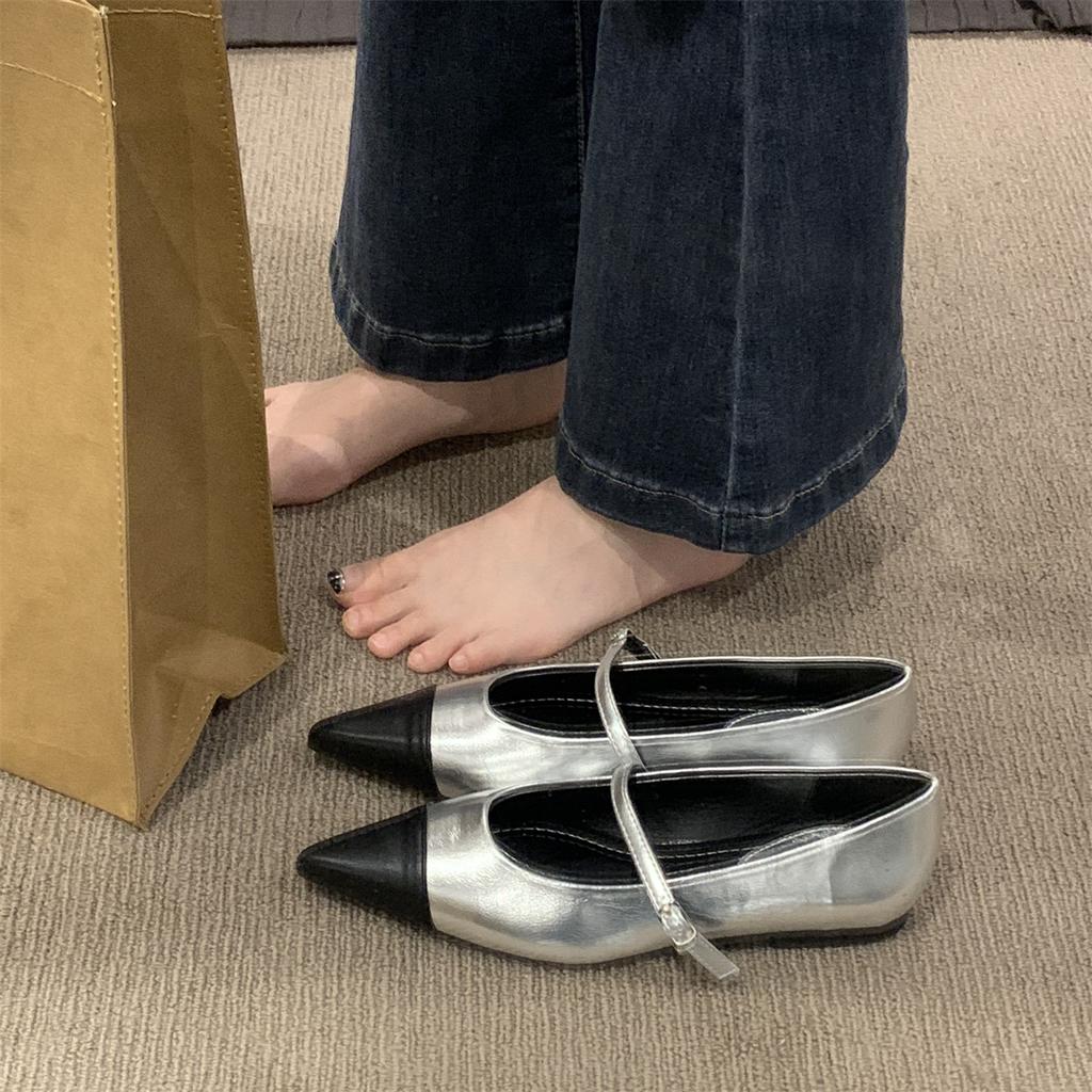 Fashion Flat Shoes for Women Spring Autumn Mary Jane Shoes New Flat Pointed Toe Shallow Silver Casual Plus Size Women's Shoes Ladies