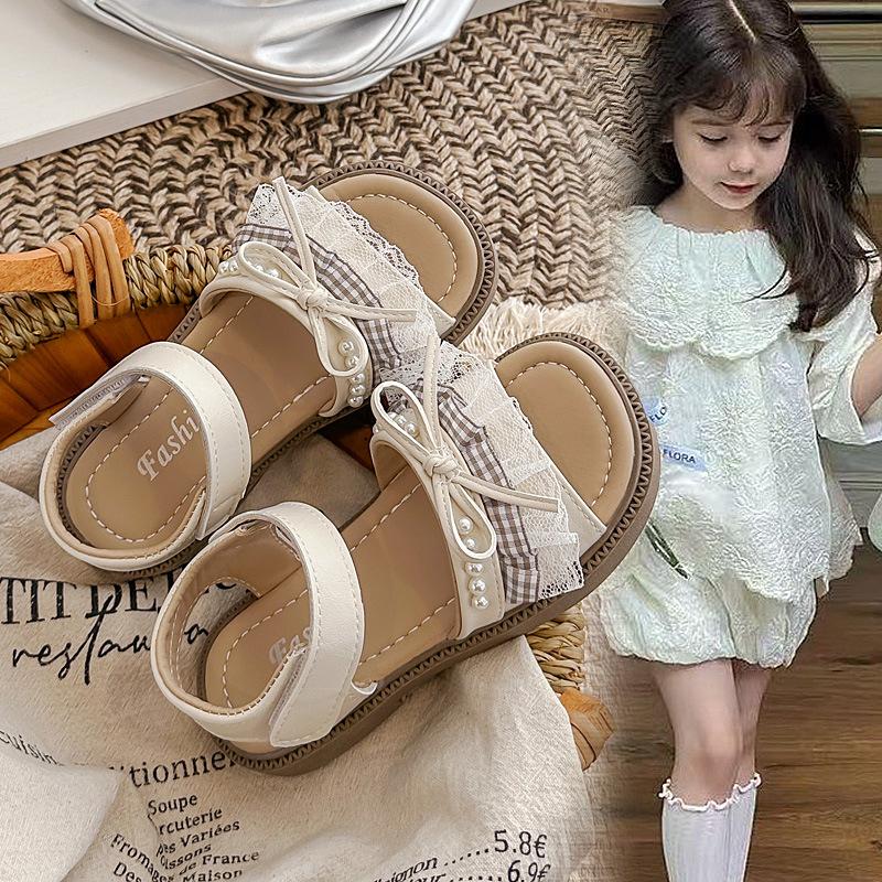 Girls' Open-toe sandals2026Summer New Pearl Princess Sandals with Lace Trim and Cute Little Bow