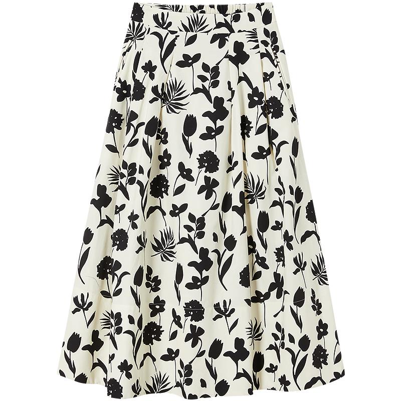 JUZUI Elegant Floral Print 100% Cotton A-Line Skirt M