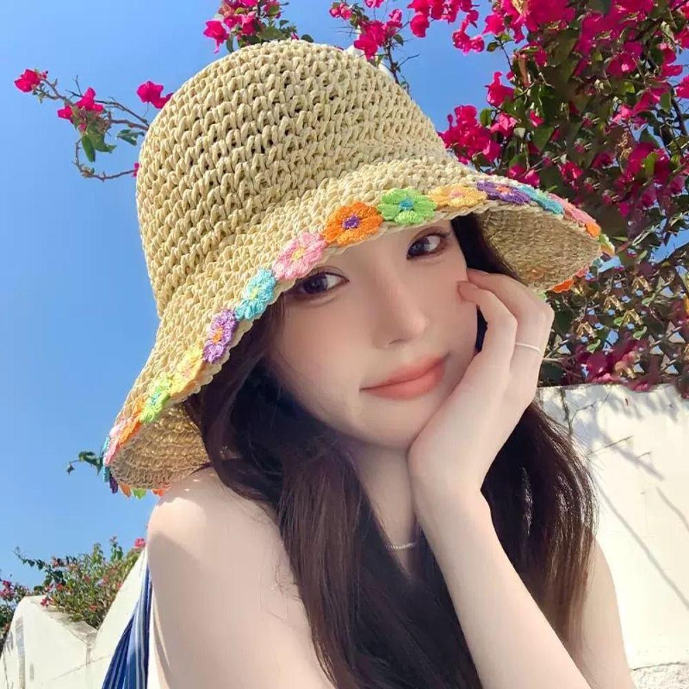 Fashion Flowers Straw Hat Sun Protection Foldable Woven Hat Elegant Wide Brim Sunscreen Hat Holiday