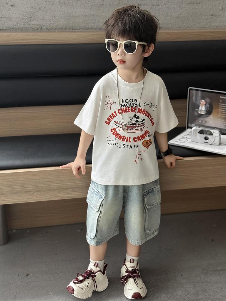 Boys' Cartoon Mouse Bamboo Cotton T-Shirt - Japanese Trend, Summer 2026 Style, Kids' Half Sleeve