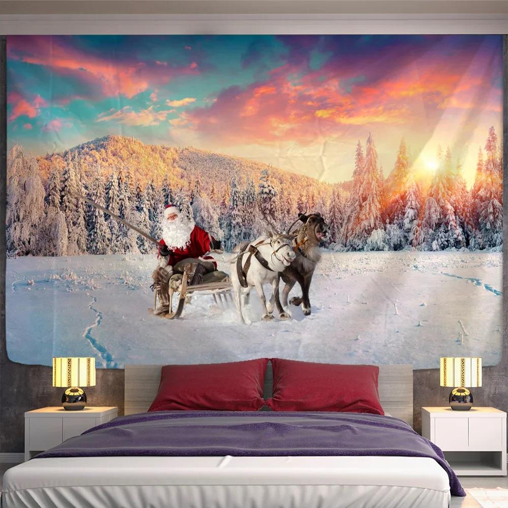 New Year Christmas Decoration Snow House Nature Cat Tapestry Kawaii Decor Wall Hanging Psychedelic Hippie Aesthetic Home Decor