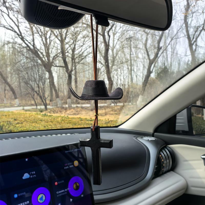 New Love Heart Cross Denim Hat Car Pendant Fashion Car Rearview Mirror Decoration Pendant Car Interior Accessories