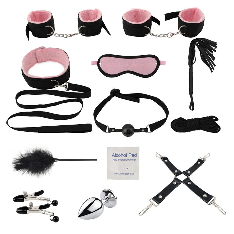 Sexy Leather BDSM Bondage Gear Kit Plush Restraints Handcuffs Whip Gag Nipple Clamps Sex Toys for Couples YM