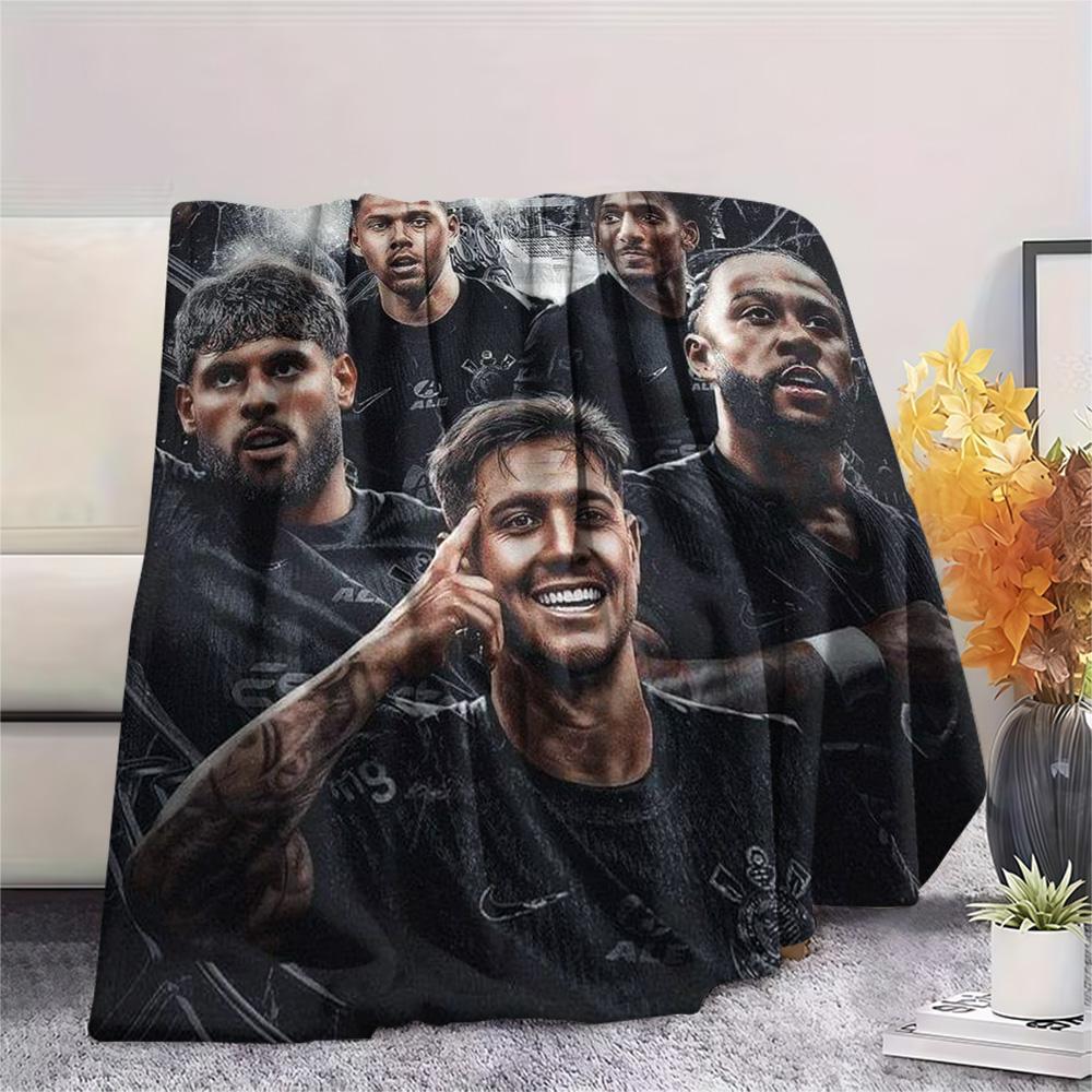 Football Stars Group Black White Poster Flannel Throw Blanket, Soft Warm Sofa Bed Cover, Soccer Fan Home Decor Blanket