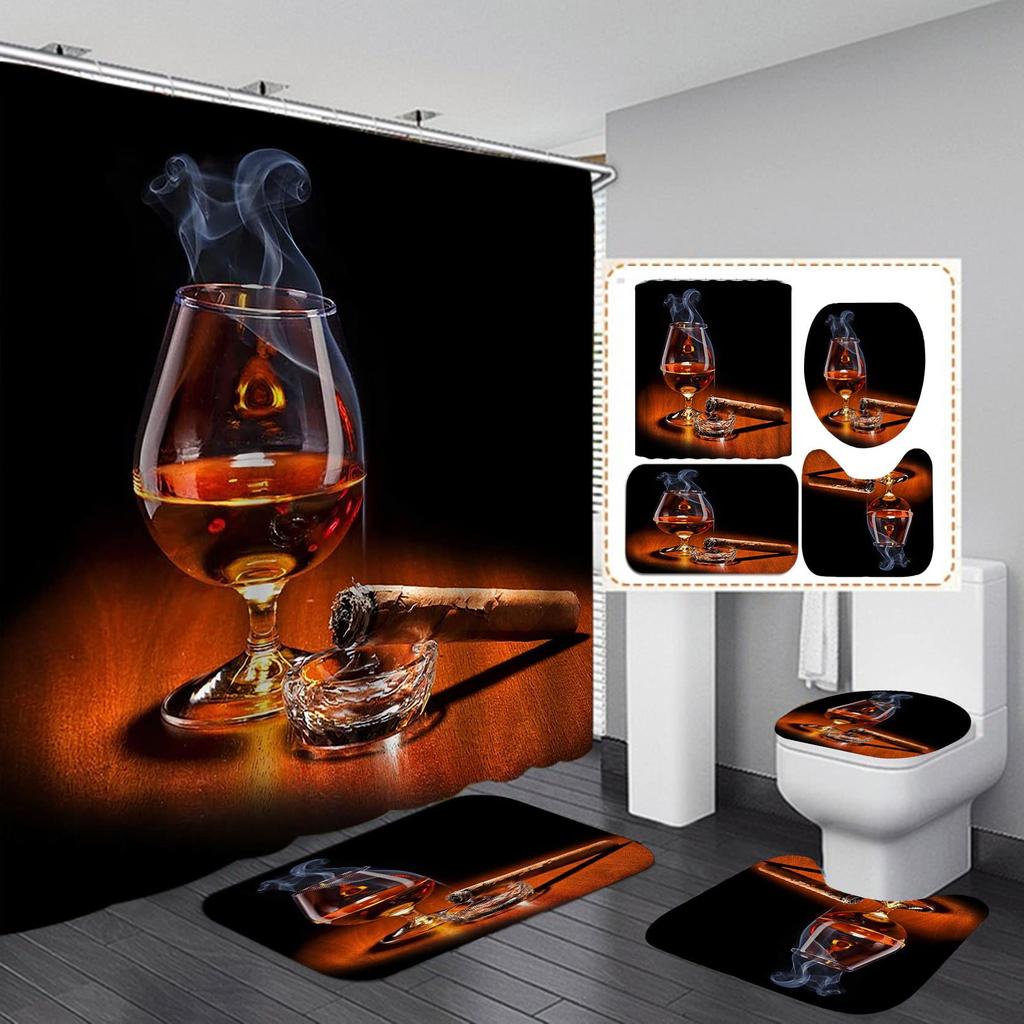 Valentines Shower Curtain Set Romantic Red Rose Flowers And Wine Shower Curtain Set With Non-Slip Rug Toilet Lid Cover Bath Mat
