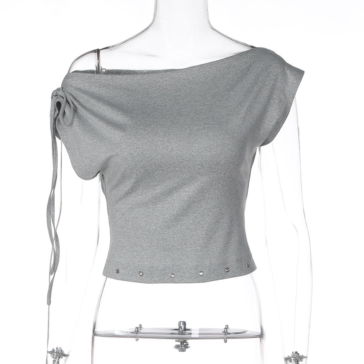 Women Solid Slanted Collar Off Shoulder Casual Short Sleeve T Shirt Top S