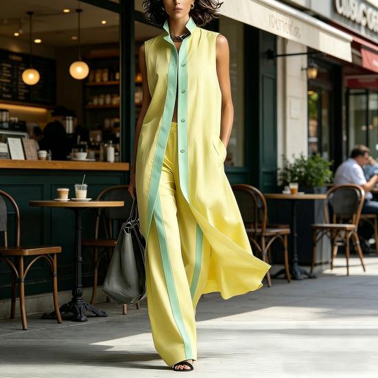 Women's 2 Piece Sets Color Block Sleeveless Button Down Shirts Matching Long Pants with Pockets Summer Casual Vacation Outfits