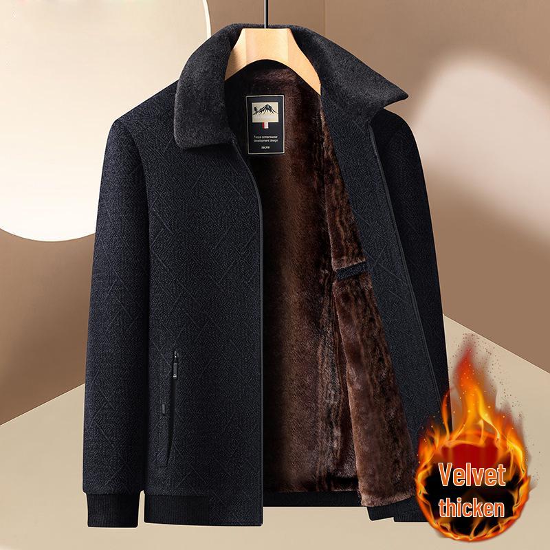 Men's Winter Fleece-Lined Corduroy Jacket with Shearling Collar - Warm Casual Coat for Middle-Aged and Older Men