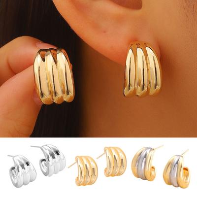 Plated Hoop Earrings for Women Triple Hoop Illusion Stud Earrings C-Shaped Multi-Layered Earrings for Wedding Prom
